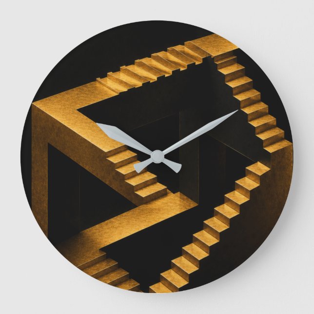 Gold Impossible Stairs Optical Illusion Clock Stor Klocka (Framsida)