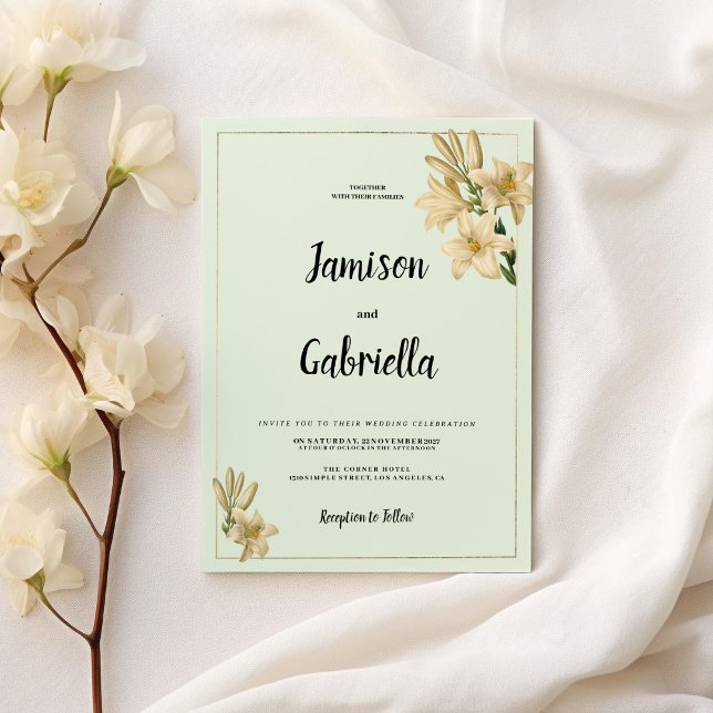 Gold ivory mint green white lily flower Wedding  Inbjudningar (Gold ivory mint green white lily flower Wedding )
