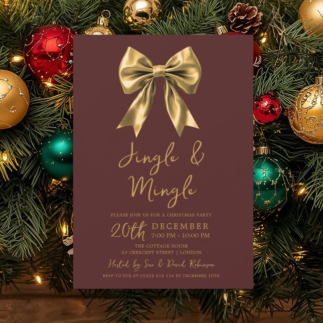 Gold Jingle & Mingle Christmas Party Bow Burgundy  Inbjudningar (Gold Jingle & Mingle Christmas Party Bow Burgundy Invitation)