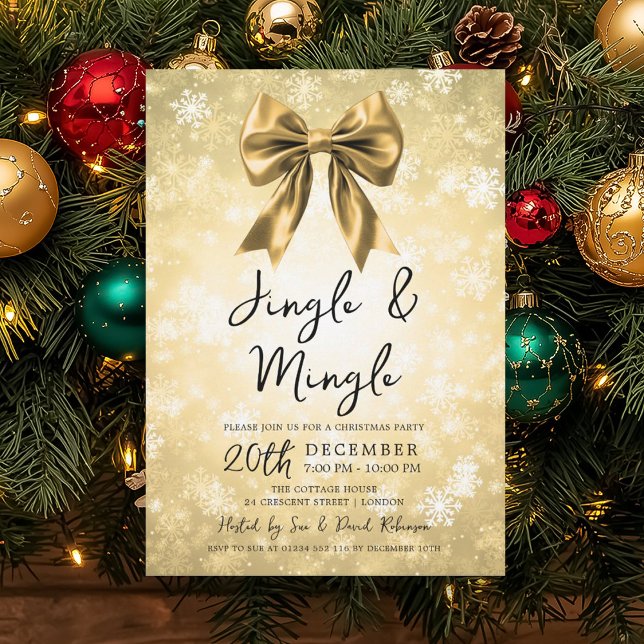 Gold Jingle & Mingle Christmas Party Bow & Snow  Inbjudningar (Gold Jingle & Mingle Christmas Party Bow & Snow Invitation)