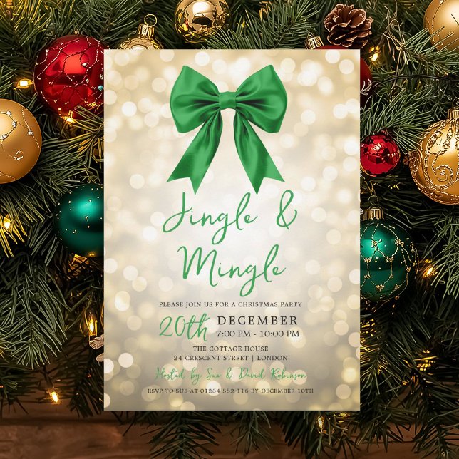 Gold Jingle Mingle Christmas Party Green Bow  Inbjudningar (Gold Jingle Mingle Christmas Party Green Bow Invitation)