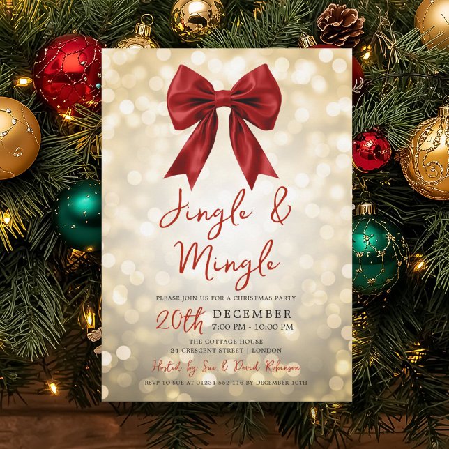 Gold Jingle Mingle Christmas Party Red Bow Lights Inbjudningar (Gold Jingle Mingle Christmas Party Red Bow Lights Invitation)