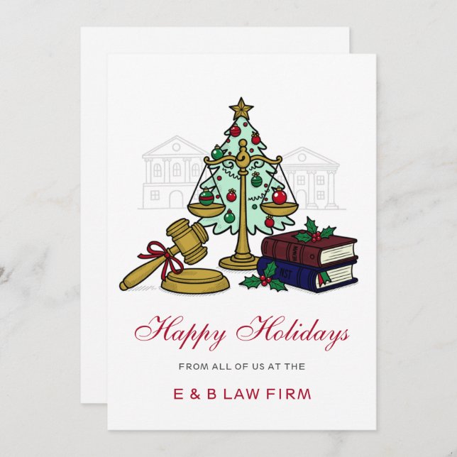 Gold Justice Scale Holly Wreath Law Firm Christmas Julkort (Fram/baksida)