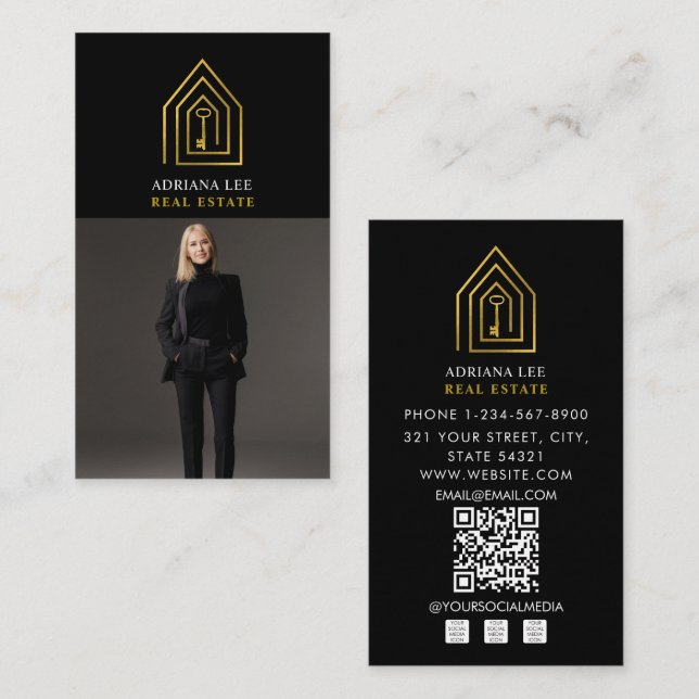 Gold Key Photo Real Estate Agent QR Code Black Visitkort (Fram/baksida)