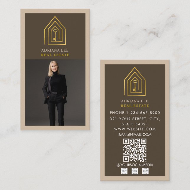 Gold Key Photo Real Estate Agent QR Code Brown Visitkort (Fram/baksida)