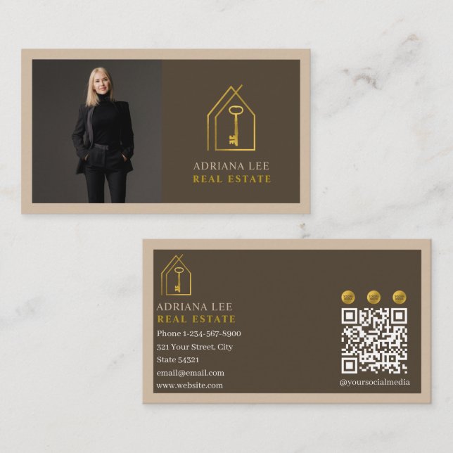 Gold Key Photo Real Estate Agent QR Code Brown Visitkort (Fram/baksida)