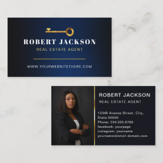Gold Key Photo Real Estate Agent QR Code Navy Blue Visitkort