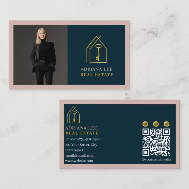 Gold Key Photo Real Estate Agent QR Code Pink Visitkort (Fram/baksida)