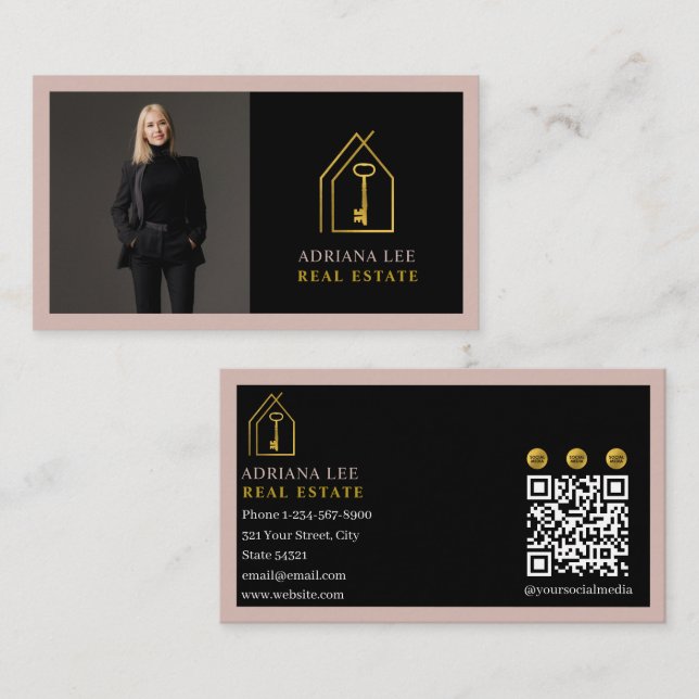Gold Key Photo Real Estate Agent QR Code Pink Visitkort (Fram/baksida)