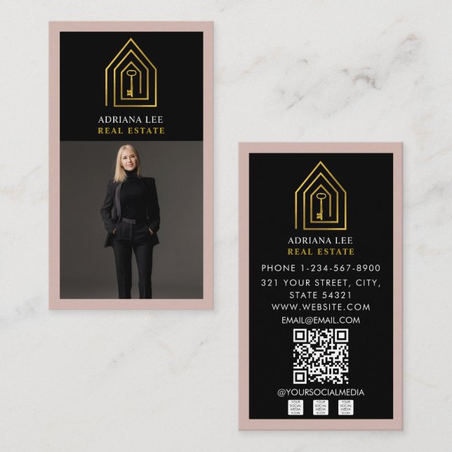 Gold Key Photo Real Estate Agent QR Code Pink Visitkort (Fram/baksida)