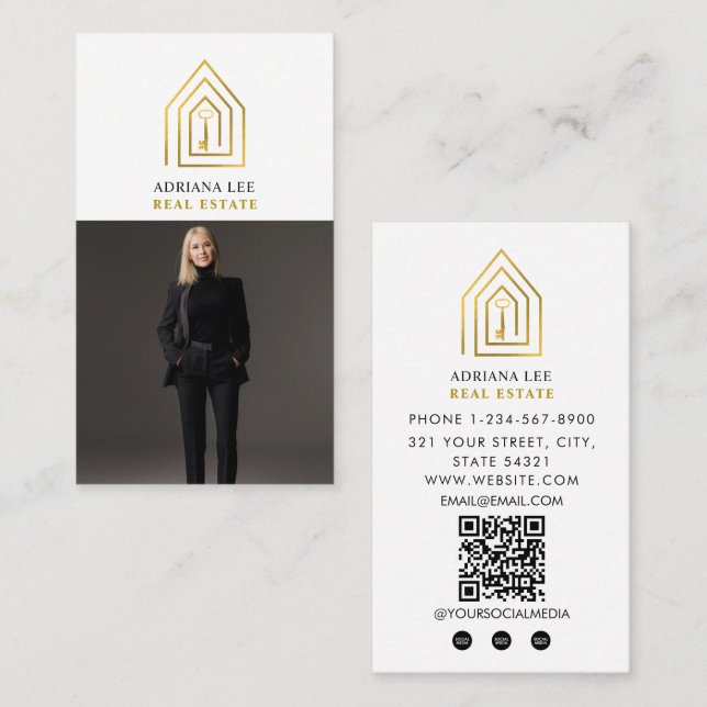 Gold Key Photo Real Estate Agent QR Code White Visitkort (Fram/baksida)