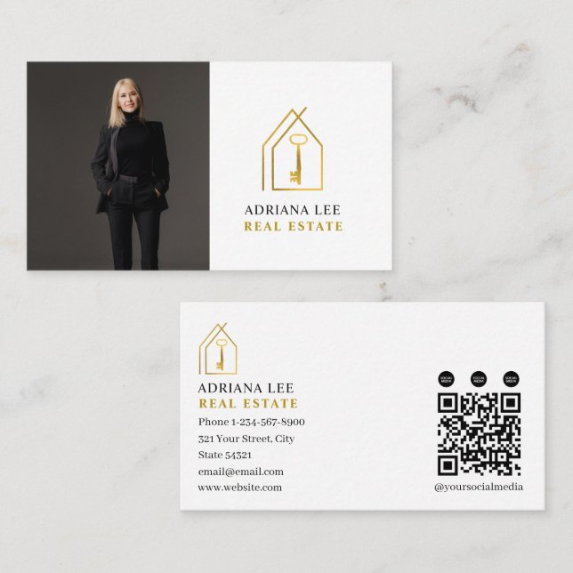 Gold Key Photo Real Estate Agent QR Code White Visitkort (Fram/baksida)