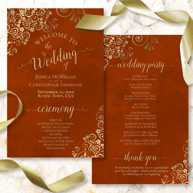 Gold Lace on Rust Orange Budget Wedding Program (Skapare uppladdad)