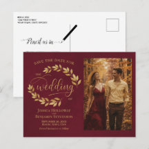 Gold Leaves Burgundy Wedding Save the Date Photo
