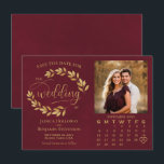 Gold Leaves on Burgundy Photo & Calendar Wedding Spara Datumet<br><div class="desc">This beautiful wedding Save the Date card features a burgundy and gold colored design with modern script lettering and a sprigs of hand painted watercolor leaves, vines, or foliage. There is space for your photo, the couple's name & wedding location, and a custom calendar where you can put a heart...</div>