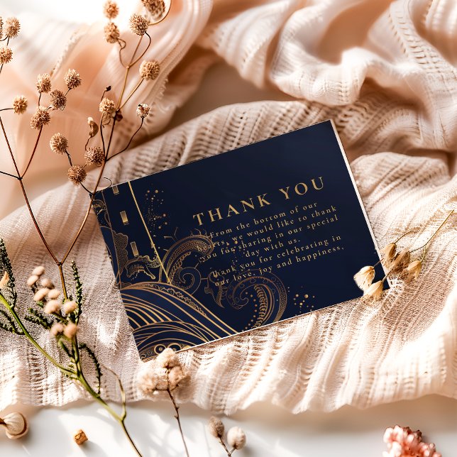 Gold Lighthouse Night Wedding Tack Kort (Skapare uppladdad)