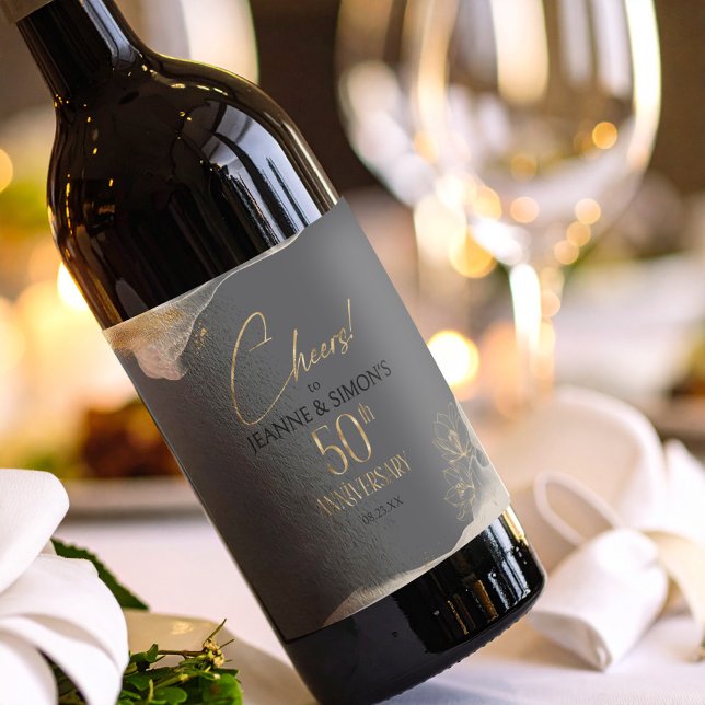 Gold Line Floral 50th Anniversary Cheers ID1169 Vinflaska Etikett (Skapare uppladdad)