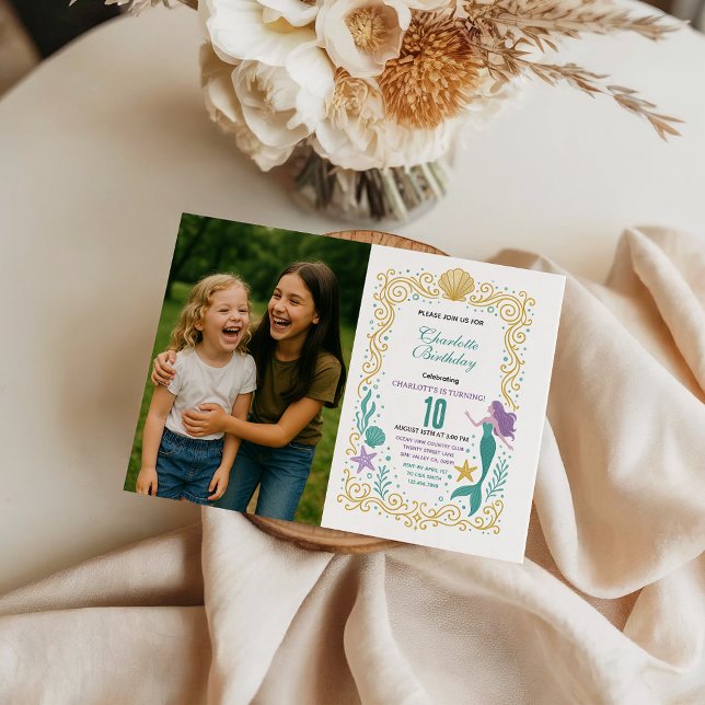 Gold Little Mermaid 10th Birthday  Under the sea Inbjudningar (Skapare uppladdad)