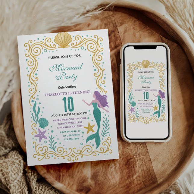 Gold Little Mermaid 10th Birthday  Under the sea  Inbjudningar (Skapare uppladdad)