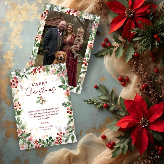 Gold Luxurious Classy Christmas Holly Branches Julkort (Faux Gold Luxurious Classy Christmas Holly Branches Frame with Photo Back Holiday Cards.)