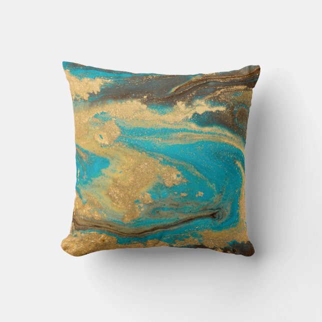 Gold marbling texture design. Blue and golden marb Kudde (Framsida)