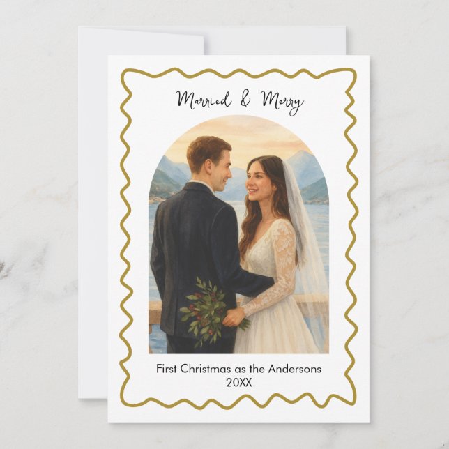  Gold Married and Merry First Christmas Photo  Julkort (Framsida)