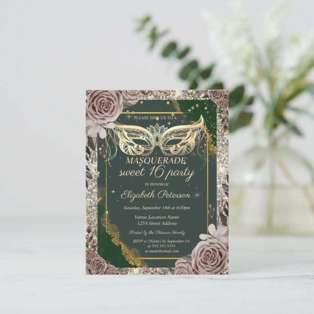 Gold Masquerade Roses Glitter Green Sweet 16  Inbjudningar (Stående Fram)