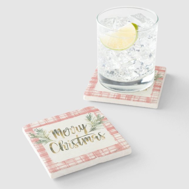 Gold Merry Christmas Plaid Coaster Stenunderlägg (Sidan)