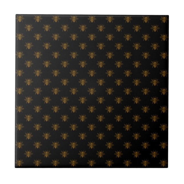 Gold Metallic Foil Bees on Black Kakelplatta (Framsidan)