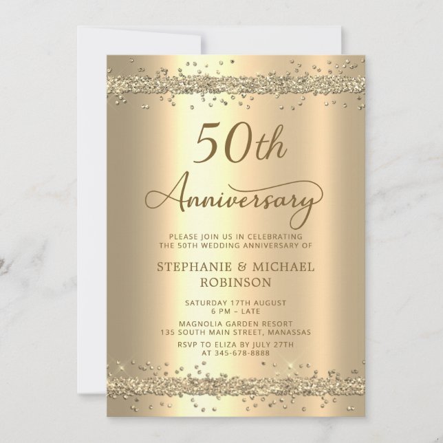 Gold Metallic Glitter 50th Wedding Anniversary Inbjudningar (Framsida)