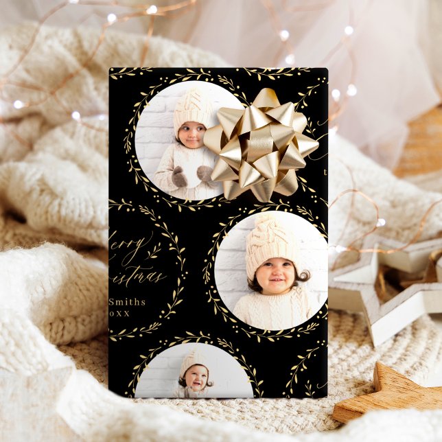 Gold Modern Script Merry Christmas Family 6 photo Presentpapper (Gold Modern Script Merry Christmas Family 6 photo Wrapping Paper)