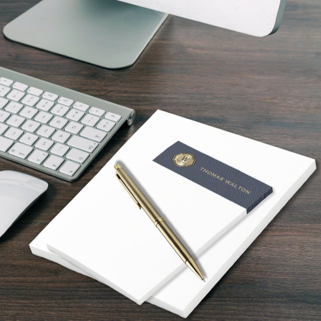 Gold Monogram Navy Blue Leather Look Elegant Post-it Block (Skapare uppladdad)