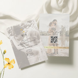 Gold Monogram Photo QR Code Wedding Inbjudningar