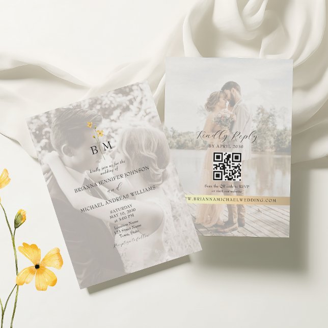Gold Monogram Photo QR Code Wedding Inbjudningar (Skapare uppladdad)