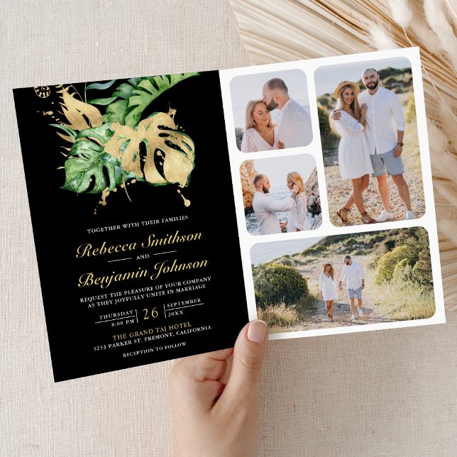 Gold Monstera Tropical Palm Black QR Code Wedding Inbjudan (Skapare uppladdad)