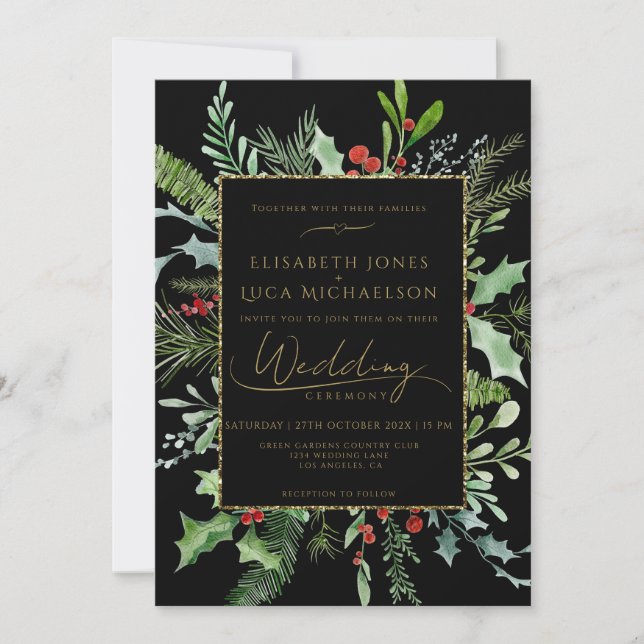 Gold Moody Winter Berry Botanical Monogram Wedding Inbjudningar (Framsida)