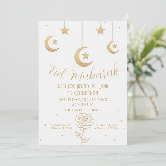 Gold Moon and Stars Eid Mubarak Invitation Inbjudningar (Stående Fram)