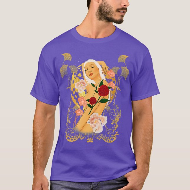 Gold Moon Goddess Koi Fish Botanical Floral Red T Shirt (Framsida)