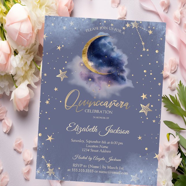 Gold Moon Stars Starry Night Quinceanera Inbjudningar (Skapare uppladdad)