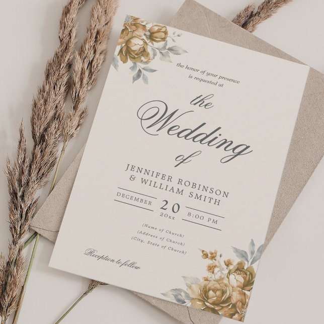 Gold Natural Rustic Floral Elegant Script Wedding  Inbjudningar (Gold Natural Rustic Floral Elegant Script Wedding Invitation)