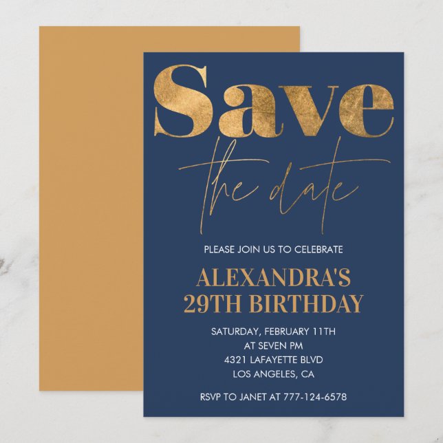 Gold Navy 29th birthday invitations Save the date  Inbjudningar (Fram/baksida)