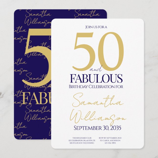 Gold Navy 50 and Fabulous | 50th Birthday Simple Inbjudningar (Fram/baksida)