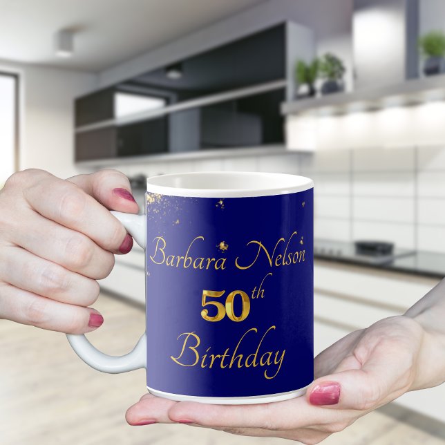 Gold & Navy 50th Birthday Party Invitation Kaffemugg (Skapare uppladdad)