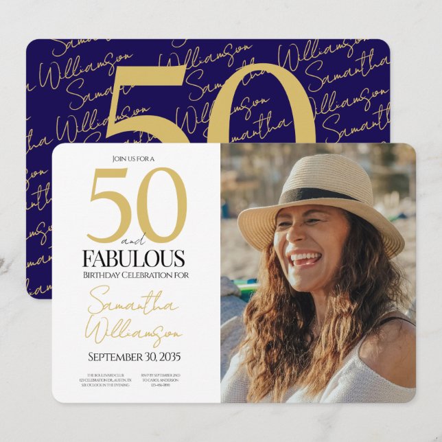 Gold & Navy | 50th Elegant Fabulous Birthday Party Inbjudningar (Fram/baksida)