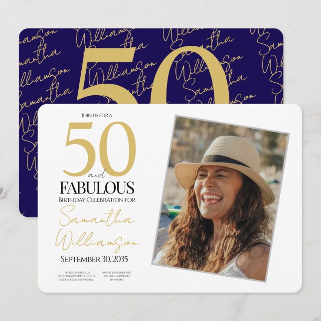 Gold & Navy | 50th Fabulous Photo Birthday Party Inbjudningar (Fram/baksida)