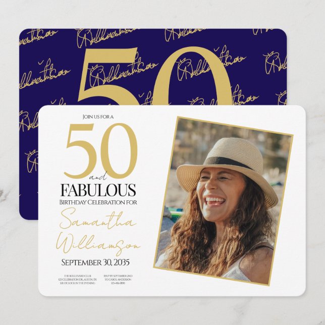 Gold & Navy | 50th Fabulous Photo Birthday Party Inbjudningar (Fram/baksida)