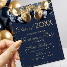 Gold Navy Blue Glitter Balloons Graduation Party Inbjudningar