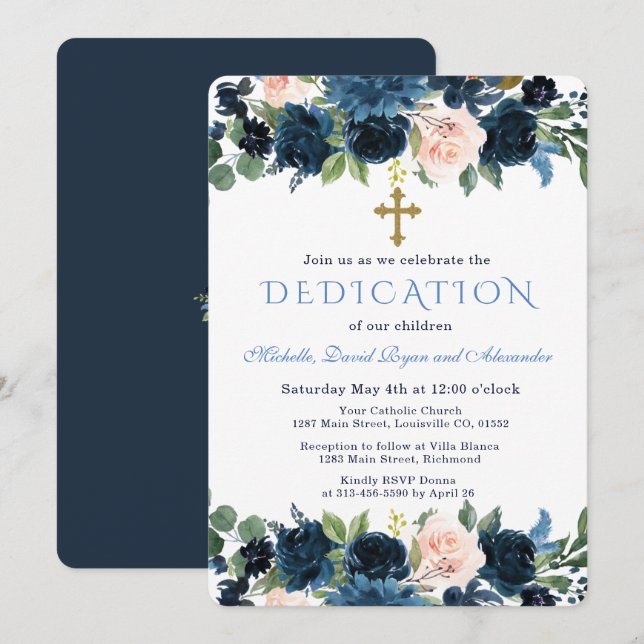 Gold Navy Blue Pink Floral Triplets Dedication Inbjudningar (Fram/baksida)