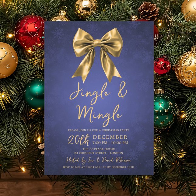 Gold Navy Jingle Mingle Christmas Party Bow Snow  Inbjudningar (Gold Navy Jingle Mingle Christmas Party Bow Snow Invitation)