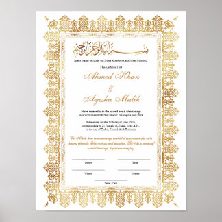 Gold Nikkah Certificate for Muslim Islamic Wedding Poster